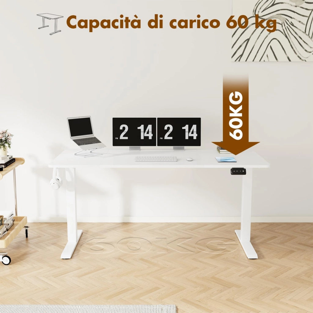 140 x 60 cm scrivania elettrica regolabile in altezza con gancio per cuffie, altezza regolabile 71-119 cm, 2 altezze di memoria. scrivania da ufficio, camera da letto, stanza di studio (Bianco)
