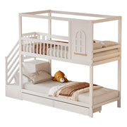 Letto a Castello 90x200 cm; Letto 2 Posti - Scala con cassetti e Ganci - Legno - Bianco