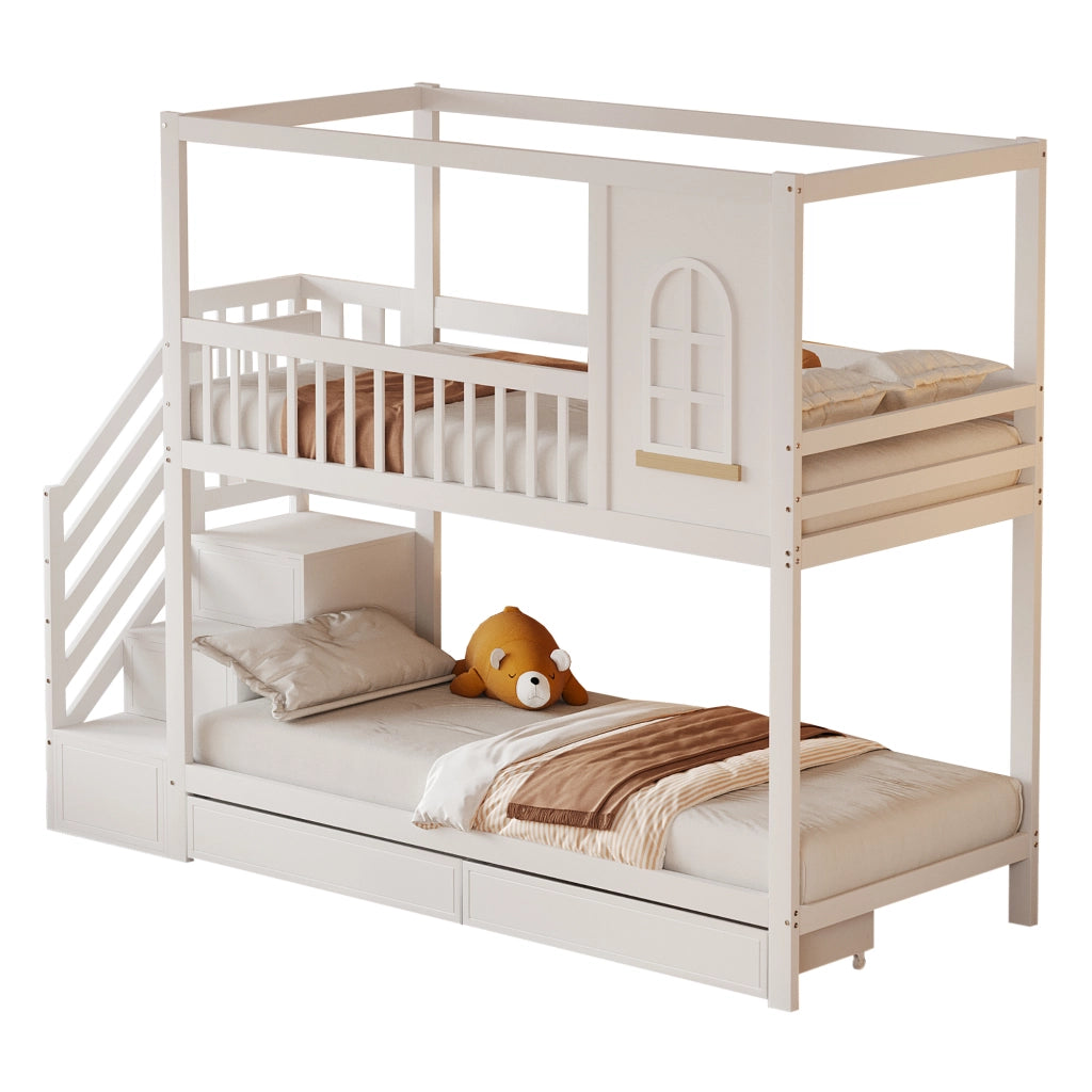 Letto a Castello 90x200 cm; Letto 2 Posti - Scala con cassetti e Ganci - Legno - Bianco