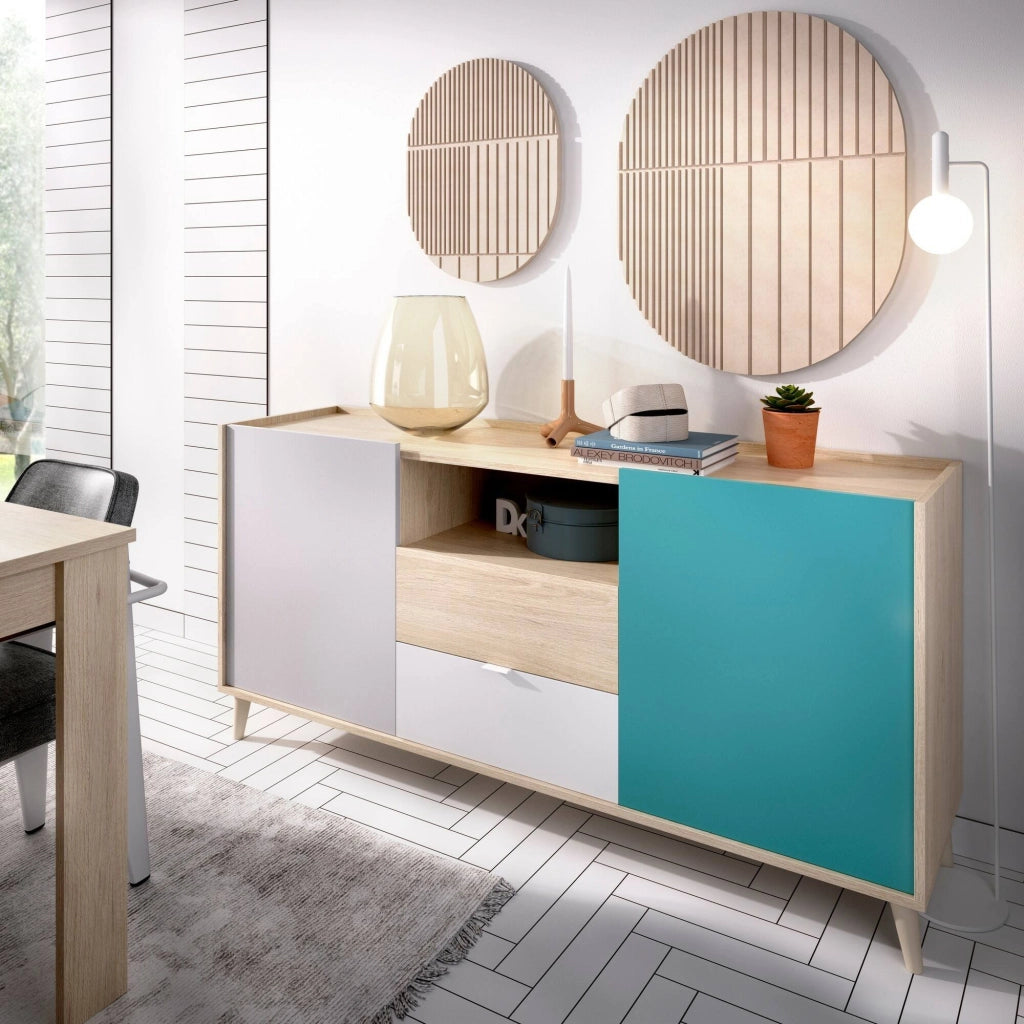 Credenza Asa, Buffet da soggiorno, Madia da salotto moderna a 2 ante, 155x43h75 cm, Bianco e Rovere