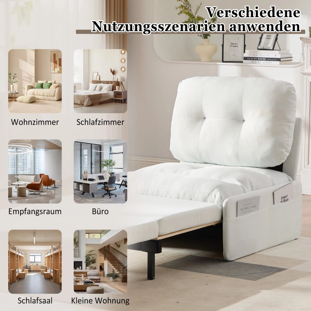 Poltrona letto 2 in 1 estraibile con tasche laterali design senza braccioli per piccoli spazi in lino bianco