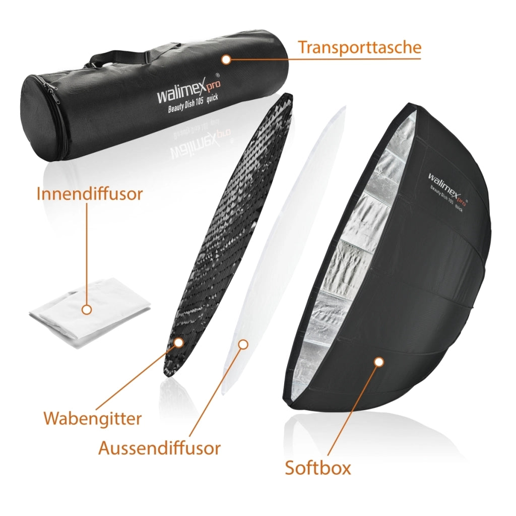 Studio Line Beauty Dish Softbox QA105 - Beauty Dish light shaper, Ø 105 cm, profondità 46 cm, pieghevole, con griglia, diffusore interno ed esterno, per flash da studio Speedlite, 22456