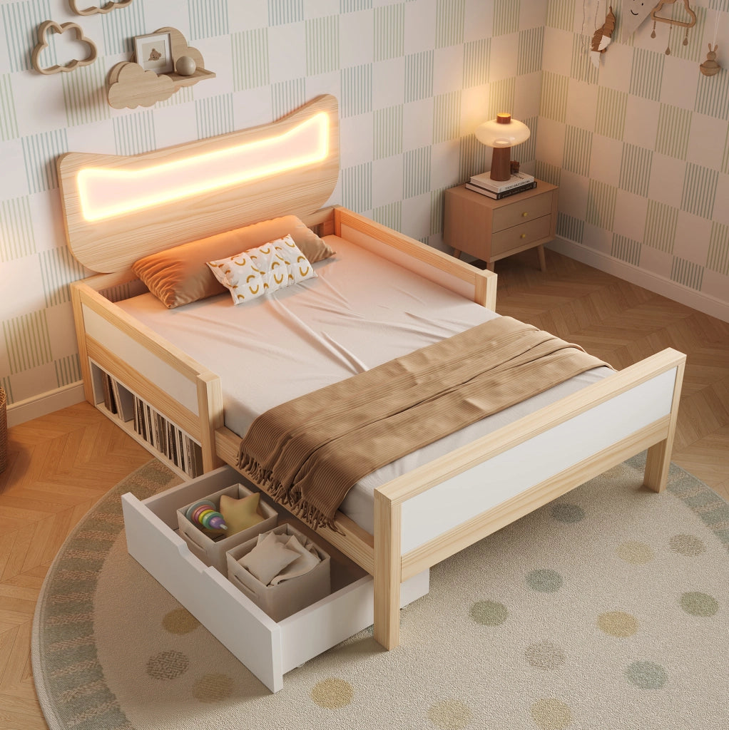 Letto per bambini con testiera a forma di gatto, LED RGB e contenitore