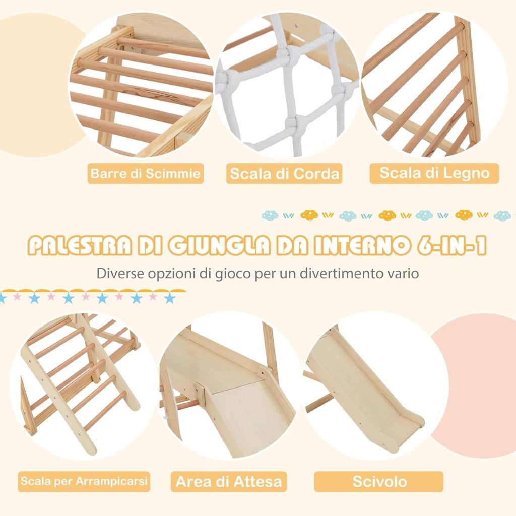 6 in 1 Set Arrampicata per Bambini, Palestra in Legno con Barre di Scimmia Scivolo Corda e Scale in Legno, Parco Giochi per Bambini 1+ Anni (Naturale)
