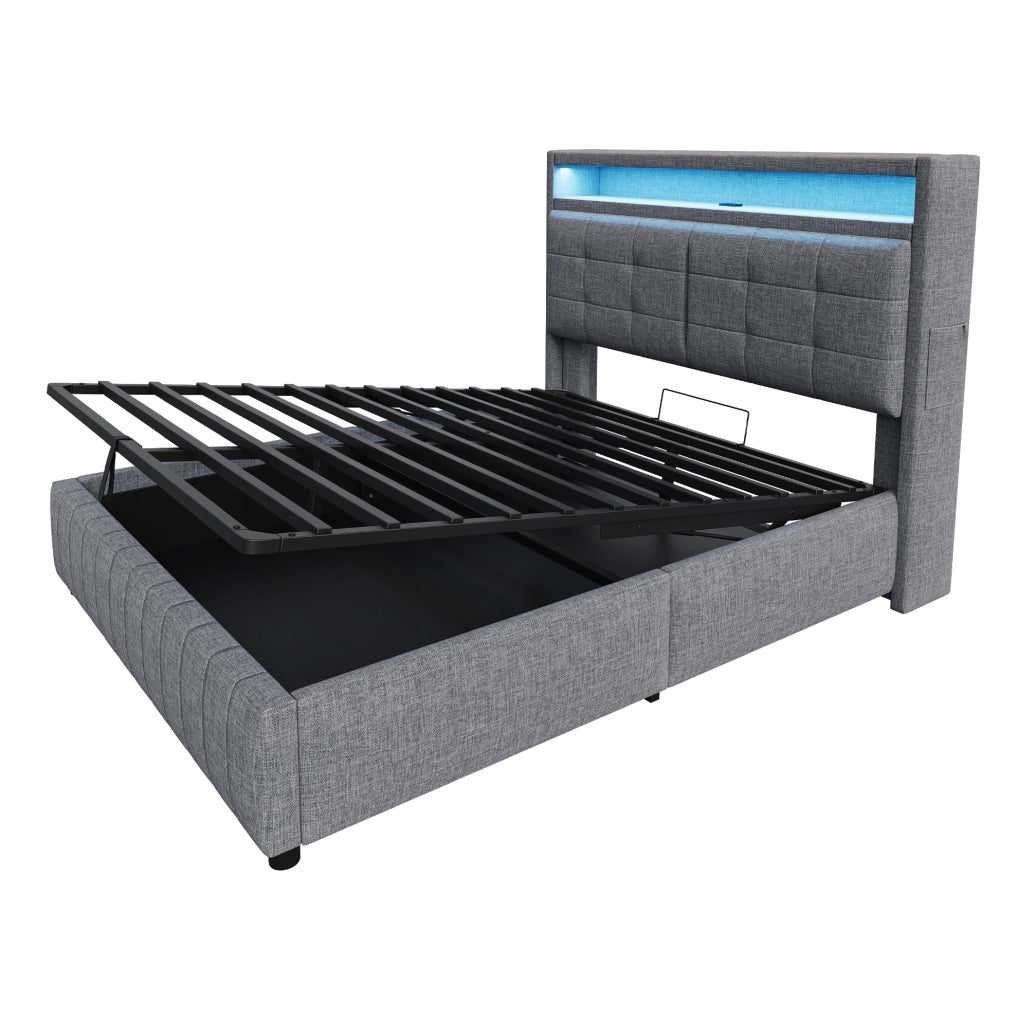 Letto matrimoniale imbottito 160x200 cm in tessuto effetto lino grigio con LED; USB e contenitore