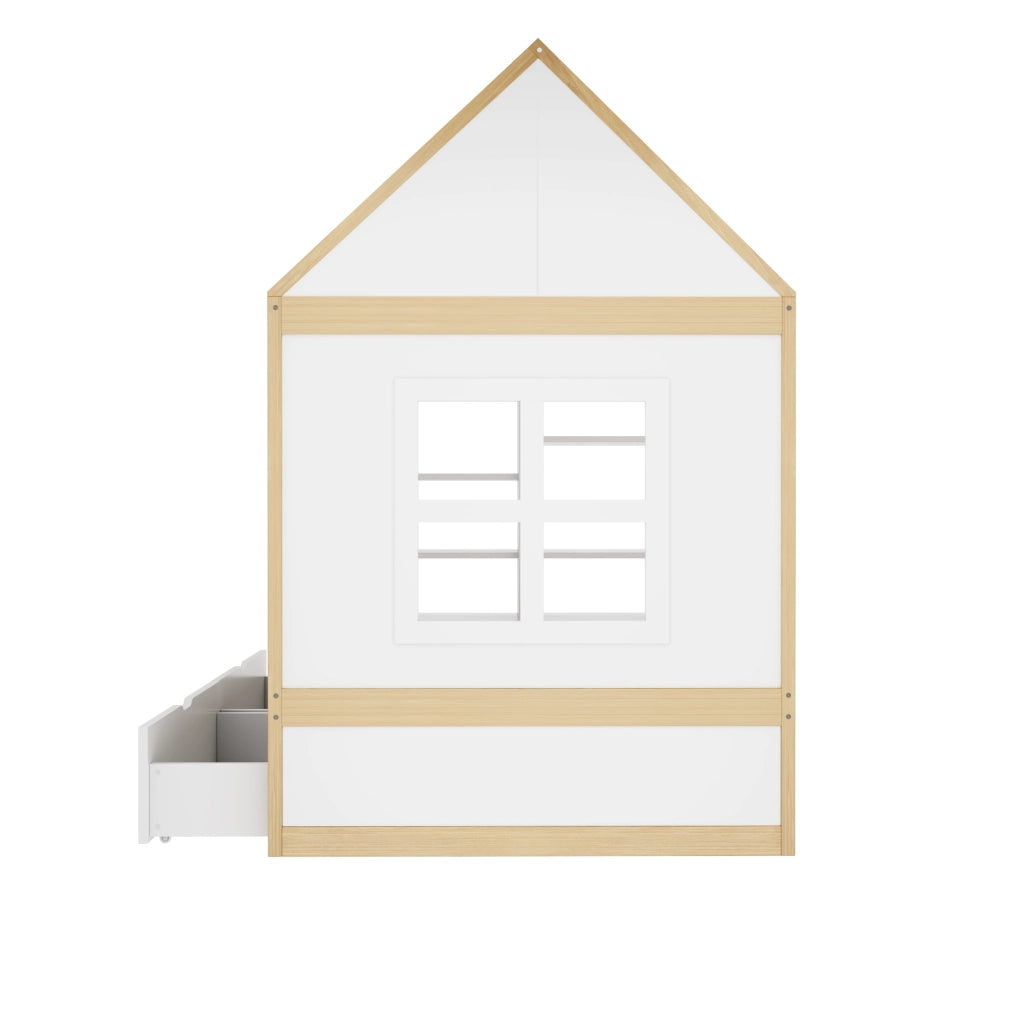 Letto a casetta per bambini 90 × 200 cm con 2 cassetti, LED e ripiani laterali, senza materasso, legno massiccio, bianco naturale
