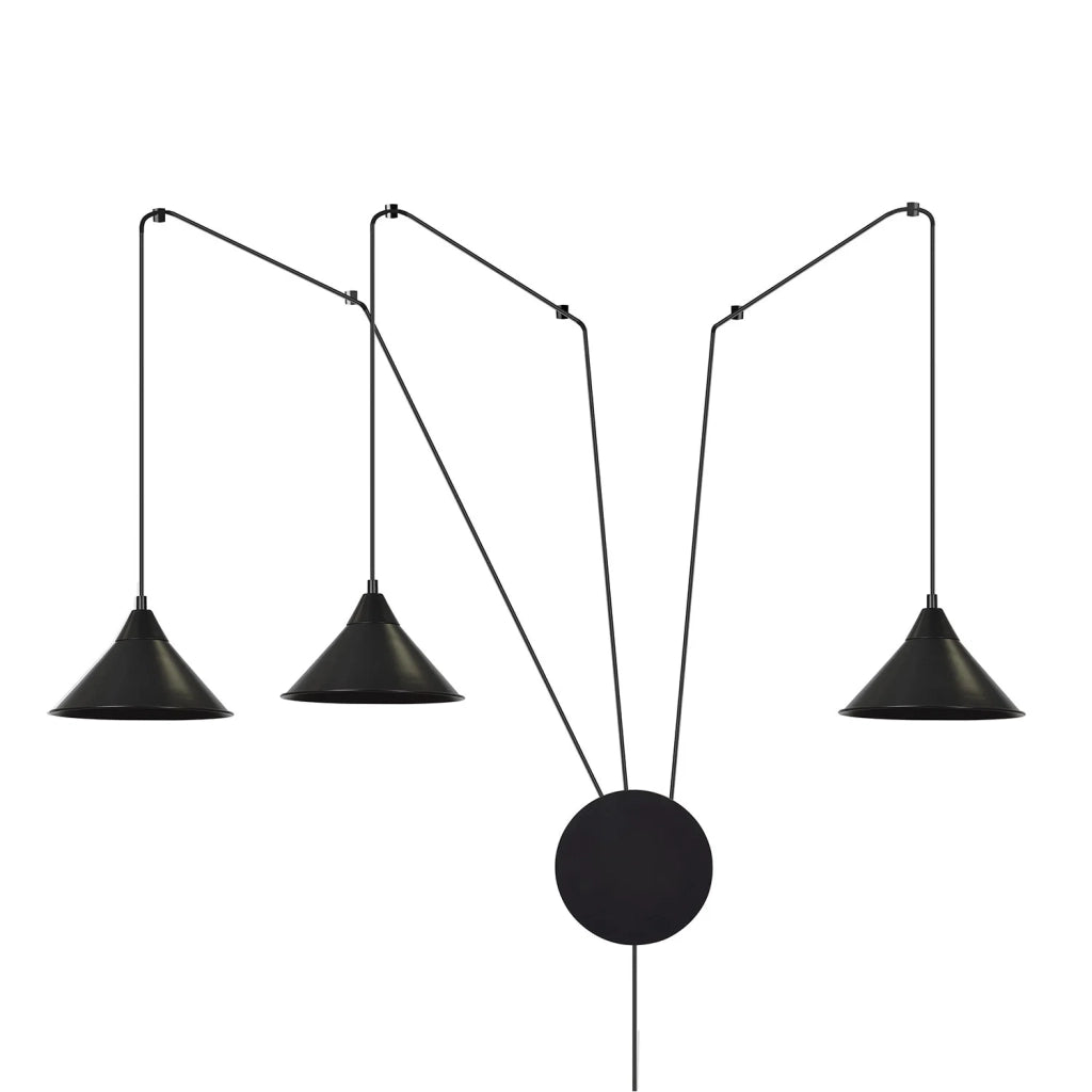 Sospensione Minimal 3 Luci Fujin In Acciao Nero E Paralume A Cono