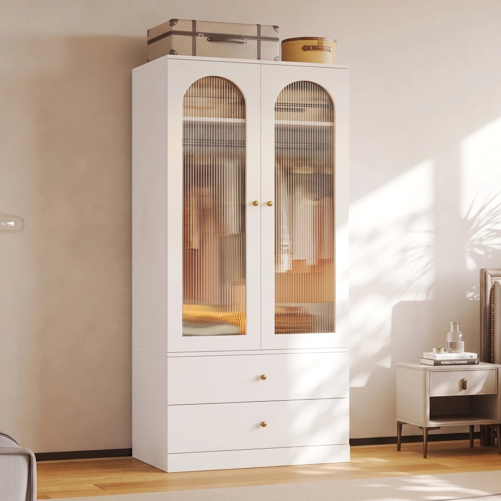 Armadio 90x50x200 cm con 2 cassetti e ante in vetro MDF bianco