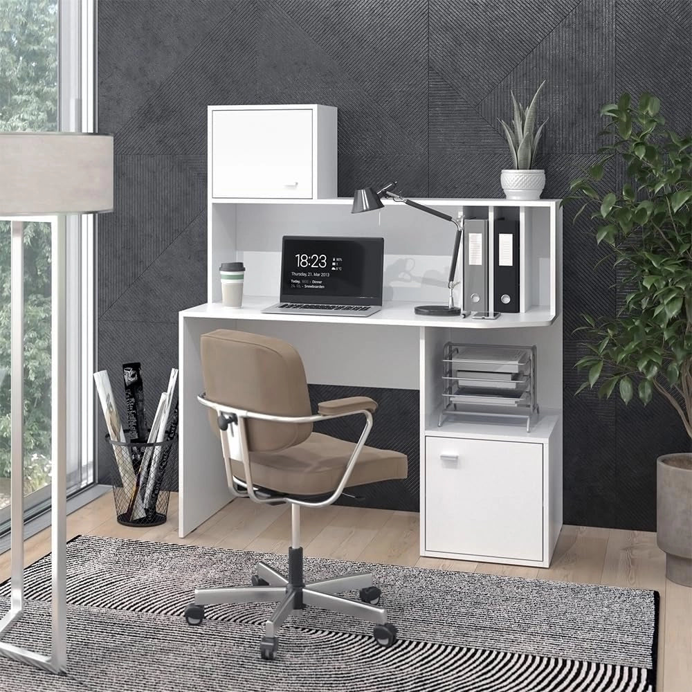 Scrivania con ripiani Alwin, Bianco, 115 x 55 cm con 2 porte, adatto all'uso come postazione di lavoro con superfici d'appoggio