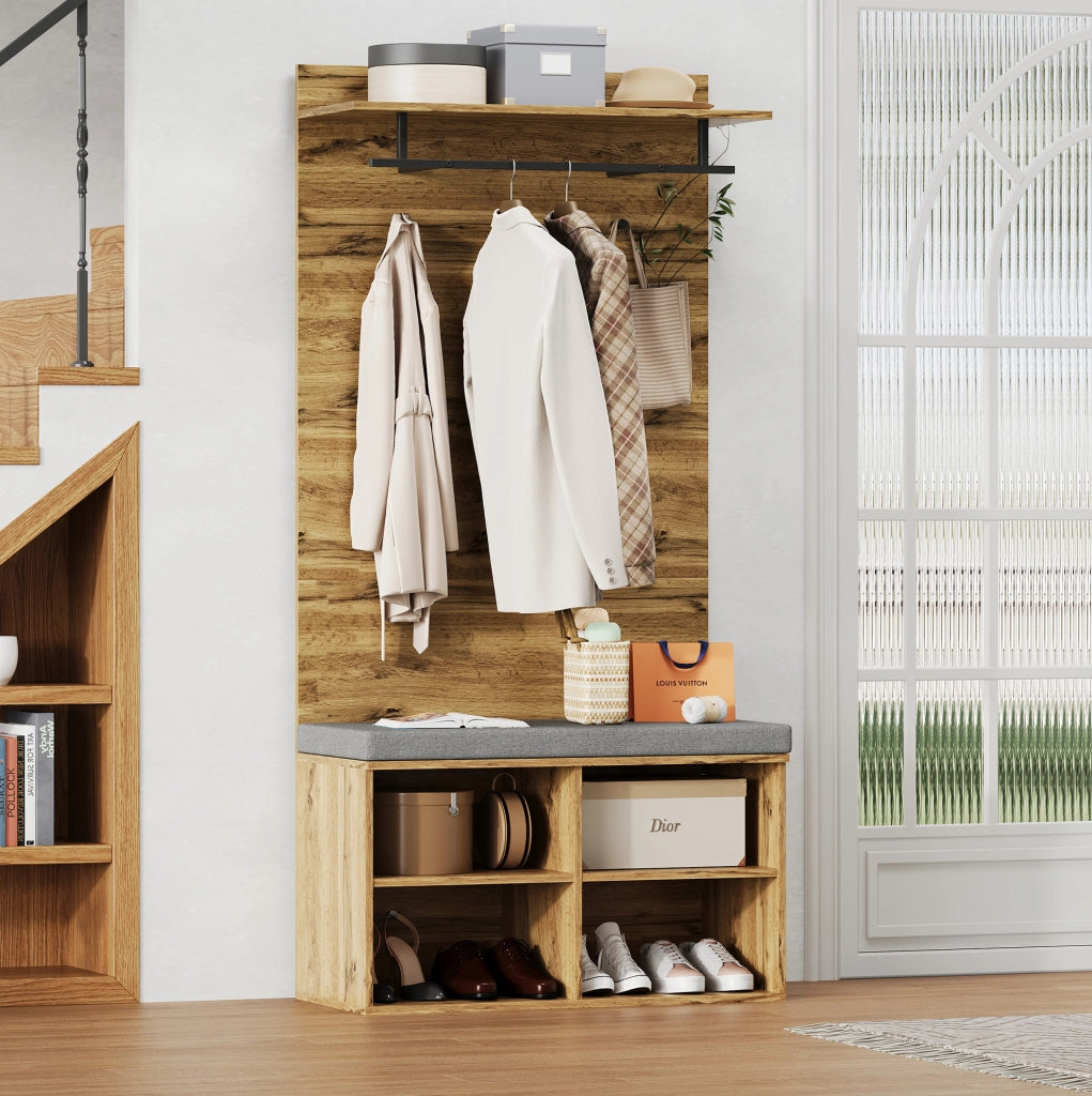 Set guardaroba da ingresso 175 cm con panca portascarpe; appendiabiti e ripiano regolabile; rovere