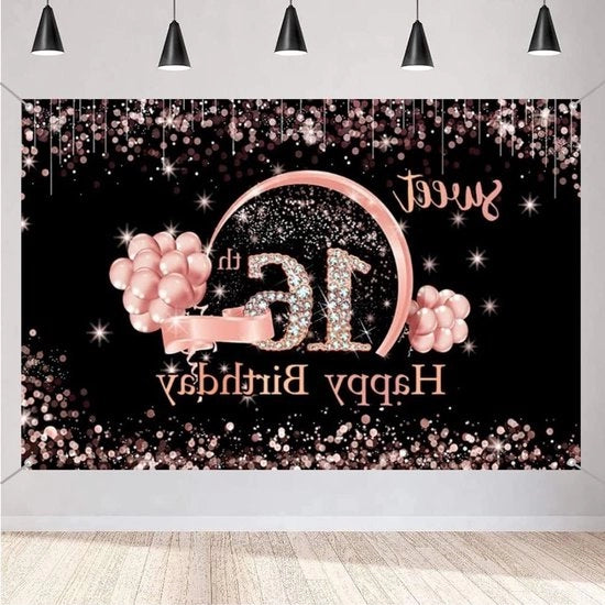Decorazione di compleanno per ragazza Sweet 16, banner stoffato nero e rosso oro, poster con sfondo carino, decorazione di compleanno.