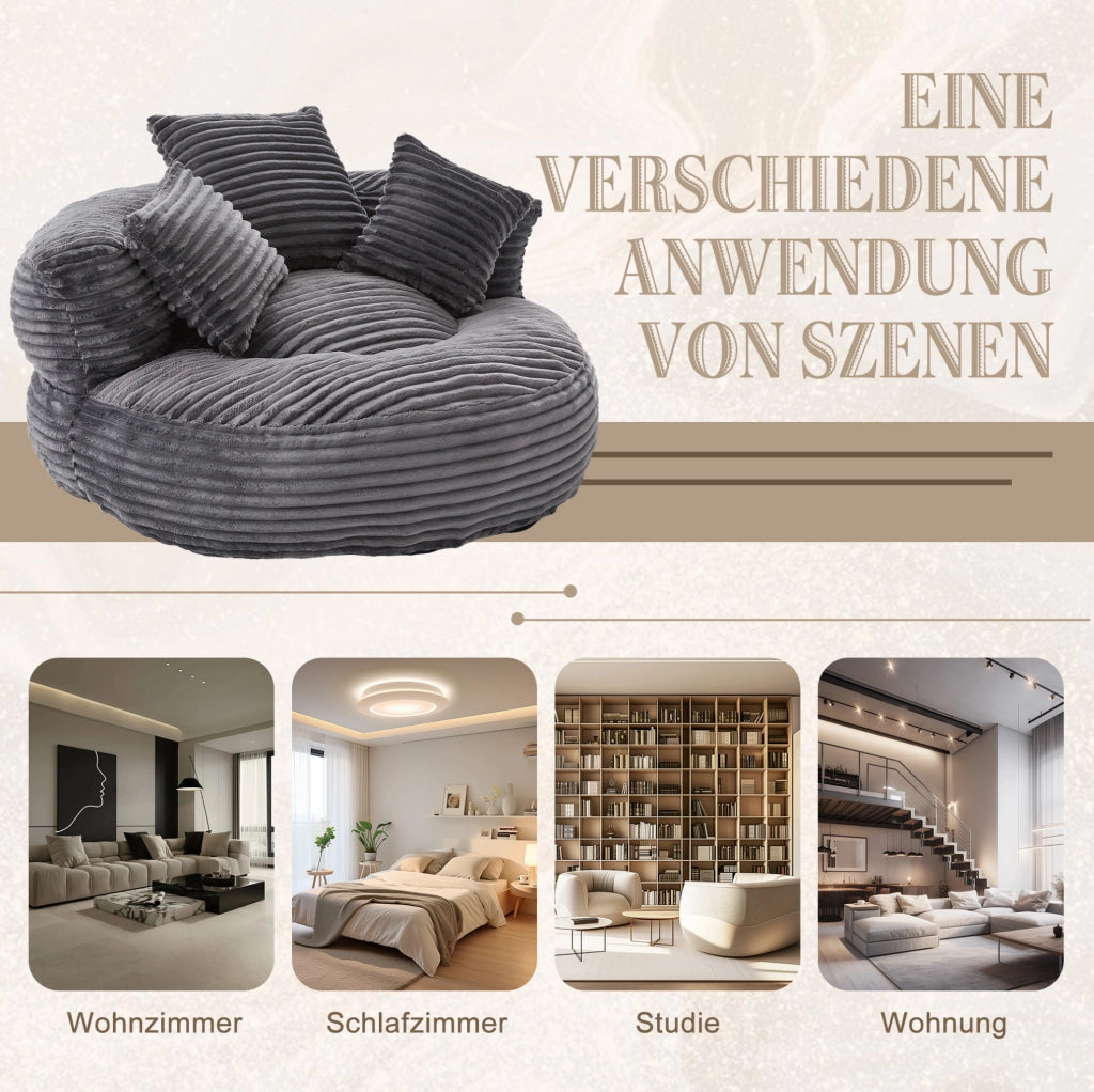 Poltrona sacco in velluto a coste con schienale alto e braccioli; 108 x 108 x 52 cm; grigio scuro