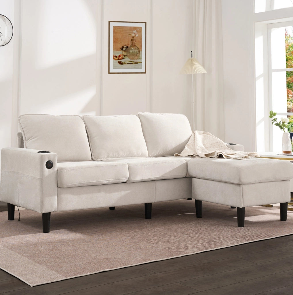 Divano imbottito beige a 3 posti con USB, Type-C e portabicchieri, divano angolare a L con pouf combinabile
