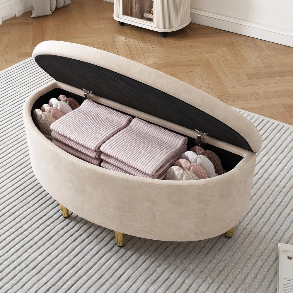 Poltrona Pouf Contenitore ¨C MINIMAL ¨C Velluto Beige, Gambe in Metallo, 90x40x42 cm