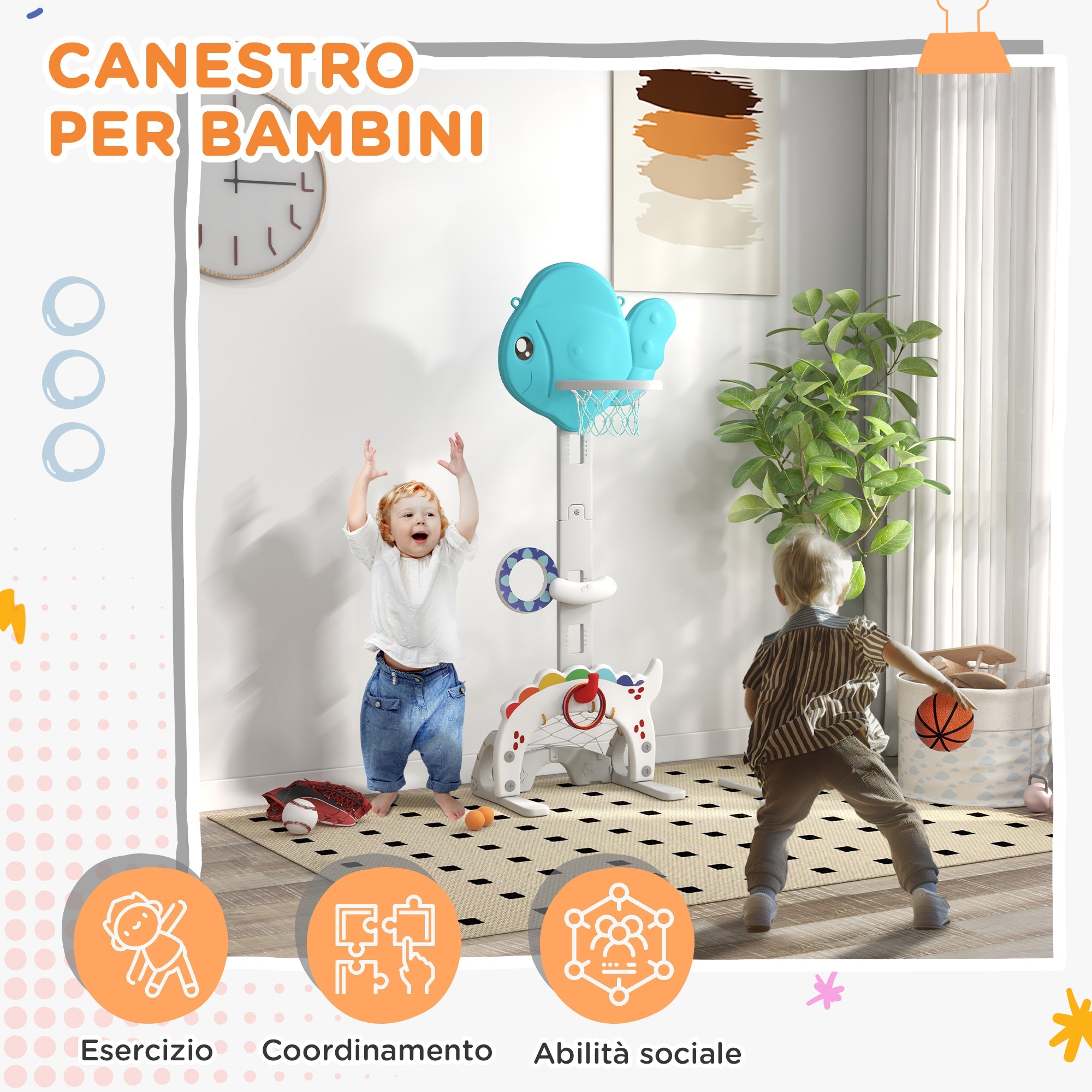 Canestro Basket per Bambini Regolabile 5 in 1 Porta da Calcio e Golf Azzurro