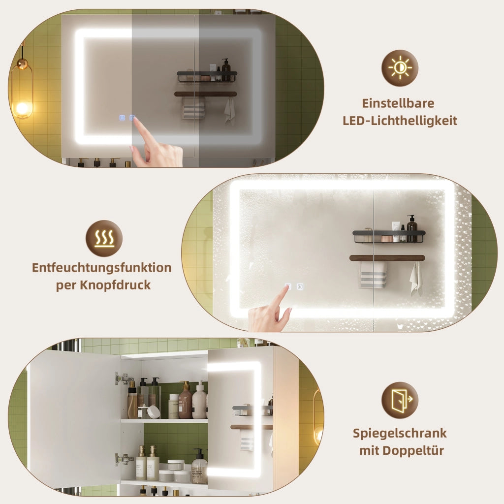 Armadietto a specchio da bagno con 2 ante, LED regolabile, funzione antiappannamento, ripiano regolabile, 80 × 17 × 70 cm