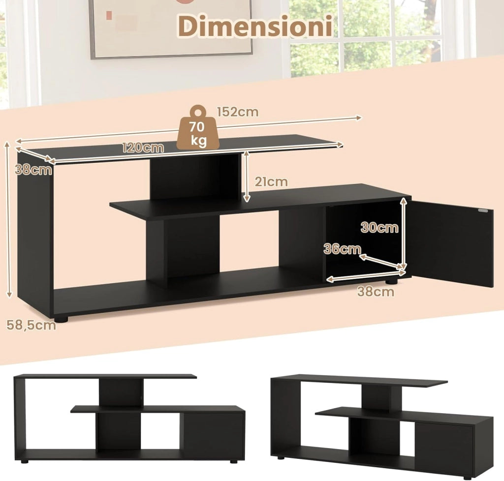 Mobile Porta TV, per TV Fino a 55'', Console Media a 3 Ripiani Asimmetrici con Ripiani di Stoccaggio e Armadietto, Mobile TV con Cassetto, 5 Gambe di Supporto (Nero)