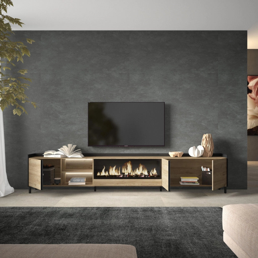 Mobile TV Soggiorno, 315x61x35 cm, Per TV fino a 80", Camino elettrico XXL, Design industriale, LED, Rovere e nero