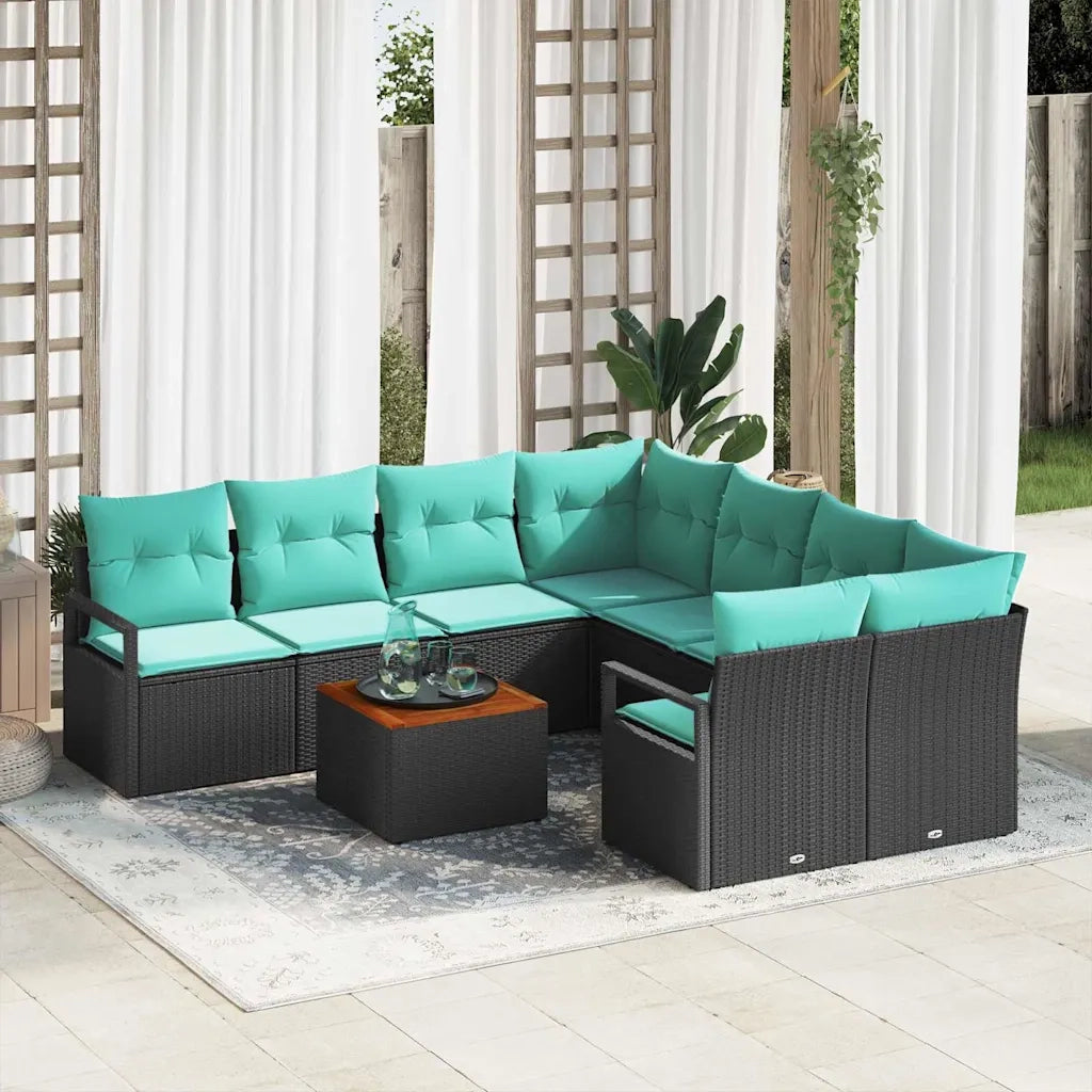 Set Divano da Giardino con cuscino 9 pcs Nero polyrattan