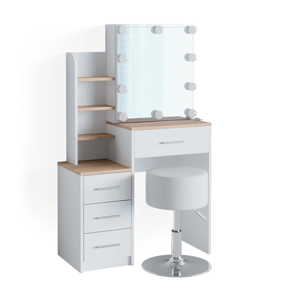 Tavolo da toeletta Conrada Bianco/Sonoma 80 cm con illuminazione LED e sgabello Vicco