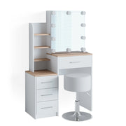 Tavolo da toeletta Conrada Bianco/Sonoma 80 cm con illuminazione LED e sgabello Vicco