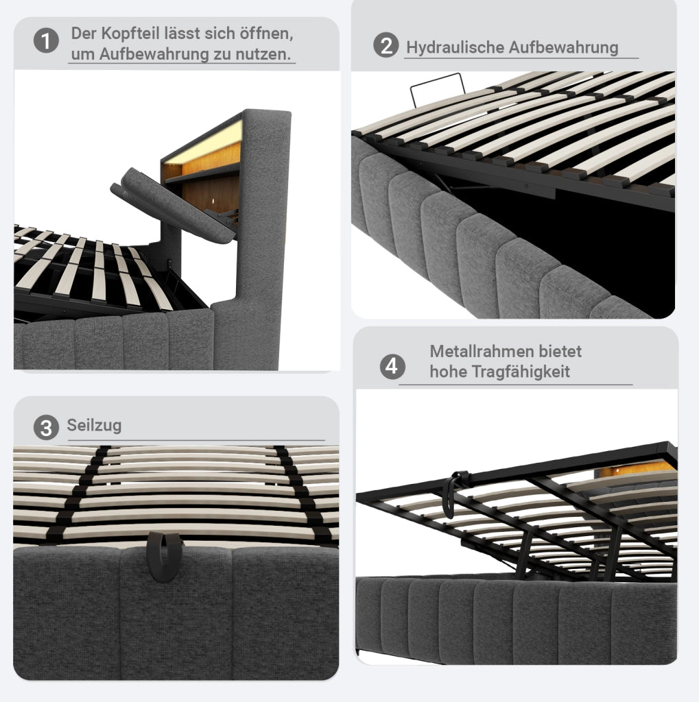 Letto imbottito 180 x 200 cm con contenitore idraulico, LED e porte USB