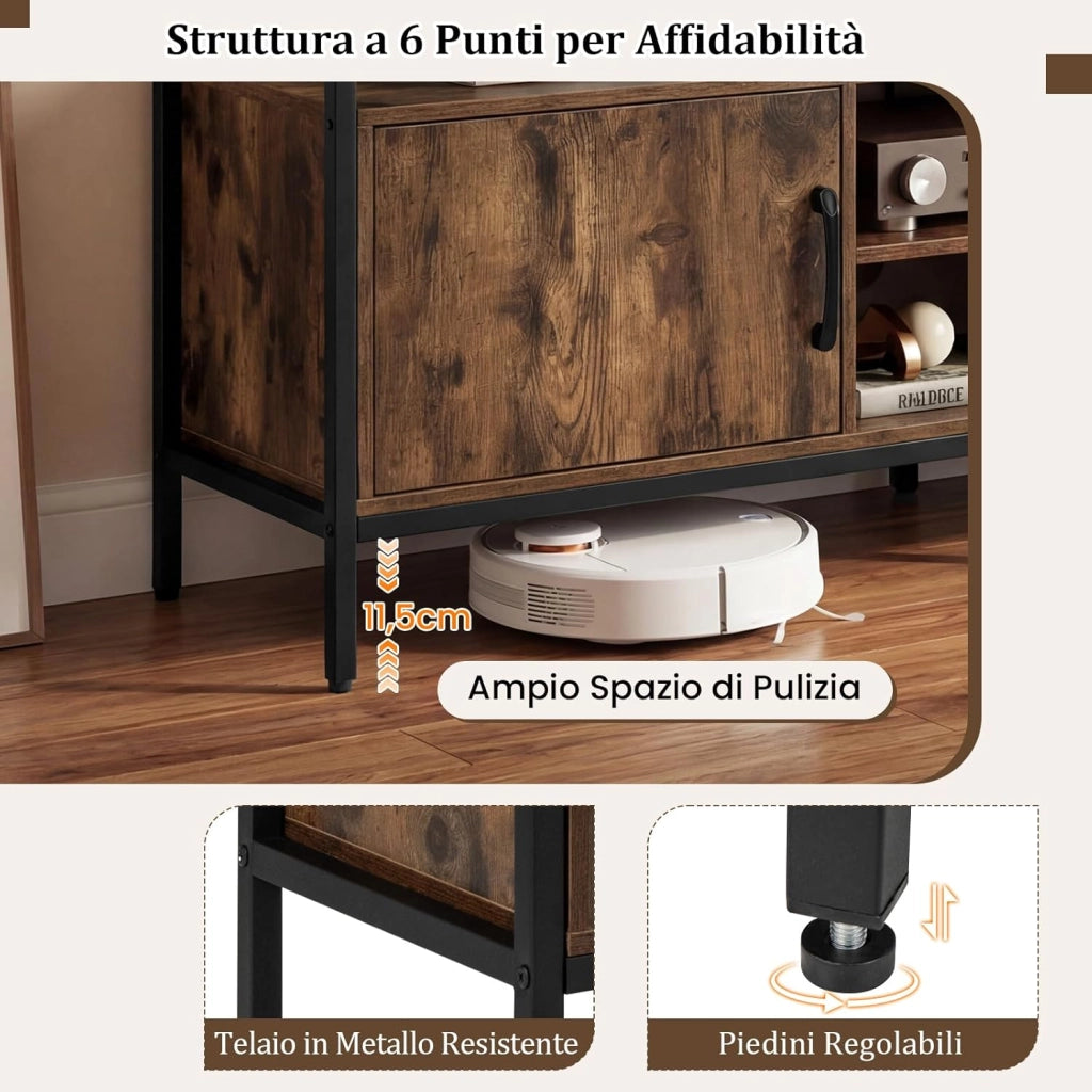 Mobile TV Soggiorno fino a 65", con 2 Armadietti e 4 Ripiani Aperti, Tavolino Porta TV con Gambe in Metallo, Centro di Intrattenimento per Soggiorno Camera da Letto (Marrone, 147 x 35 cm)