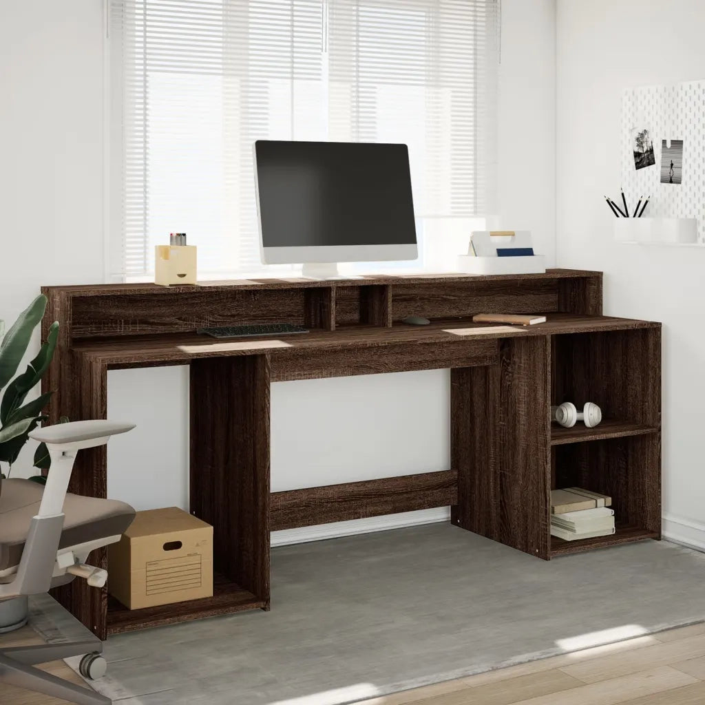 Scrivania | Tavolo da Ufficio con Luci LED Marrone Rovere 200x55x91 cm Truciolato