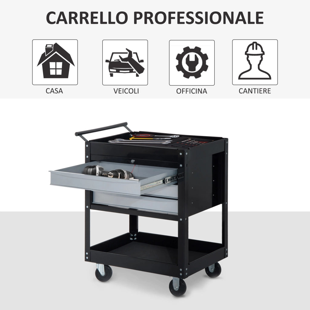 Carrello da Officina Professionale Cassettiera Portautensili in Lamiera, Nero, 68 x 46 x 88cm