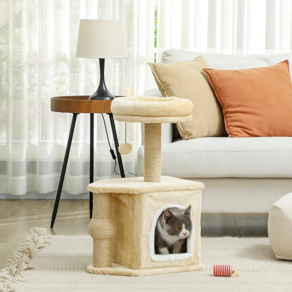 Albero per Gatti 66cm ¨C Xylo ¨C con cuccia, piattaforma, palla pendente e palo in iuta beige