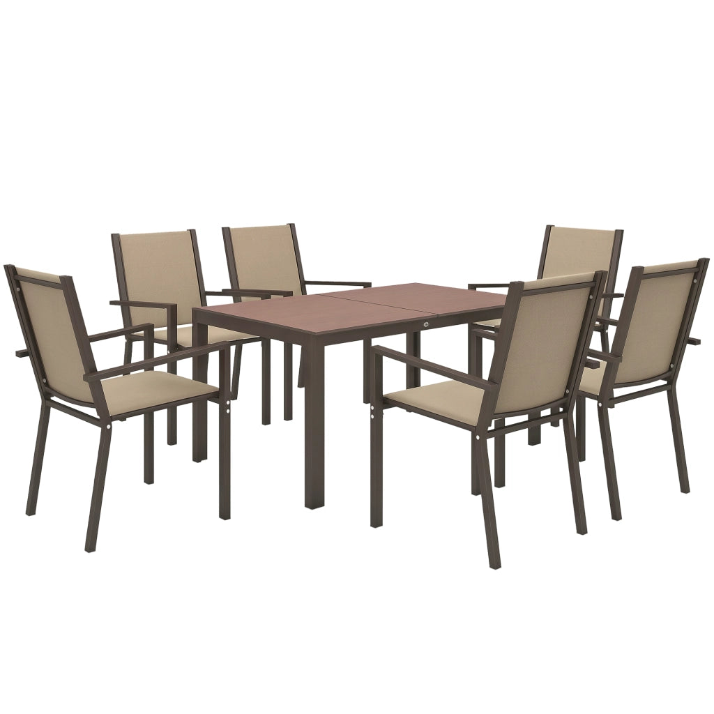 Set da Giardino 7 Pezzi in Plastica con 6 Sedie Impilabili e Tavolo Rettangolare, Kaki e Marrone
