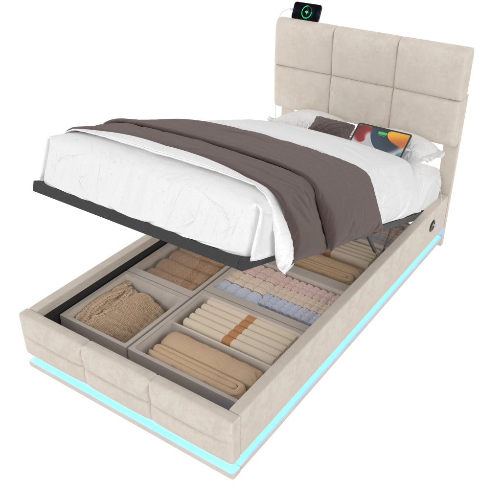 Letti contenitori 90x200 cm; testiera regolabile con LED e USB; velluto beige (Senza materasso)