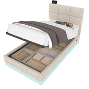Letti contenitori 90x200 cm; testiera regolabile con LED e USB; velluto beige (Senza materasso)