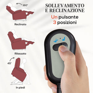 Poltrona Alzapersona Reclinabile con Poggiapiedi e Telecomando 76x90x105 cm Rosso