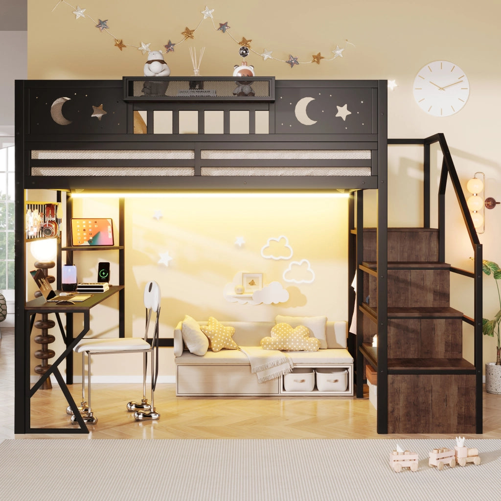 Letto a soppalco 140x200 con scrivania in metallo e MDF; nero; per cameretta