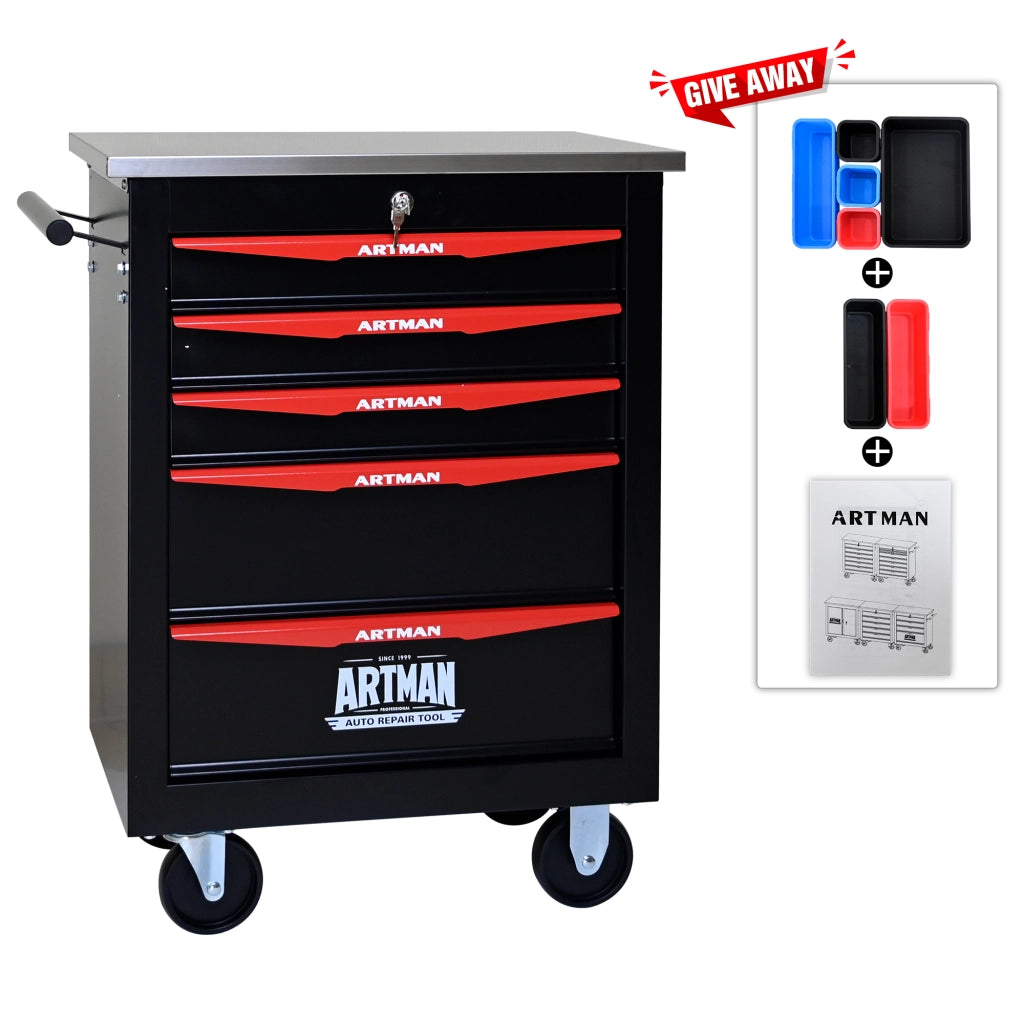 Mobile contenitore con 5 cassetti e ruote in acciaio per garage e officina, con chiusura a chiave, nero rosso
