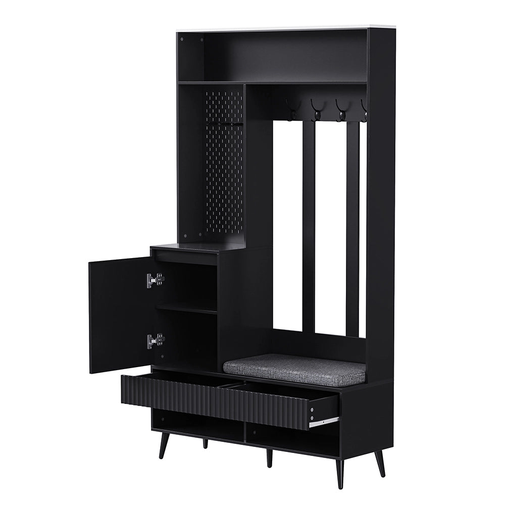 Vestiaire d'entr??e con panchina - Xylo - 100x35x180 cm - Nero - 4 ganci, 2 cassetti e 1 porta