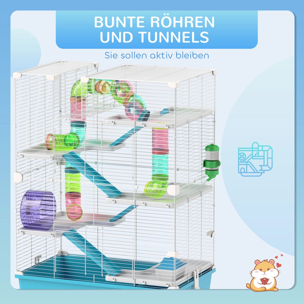 Gabbia per criceti a 6 livelli con tubi, doppia torre, 2 porte frontali in plastica azzurro chiaro 58 × 36 × 81 cm