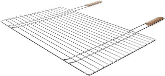 Griglia rettangolare per barbecue e forno a legna - 68x40 - Acciaio inox con maniglie in legno
