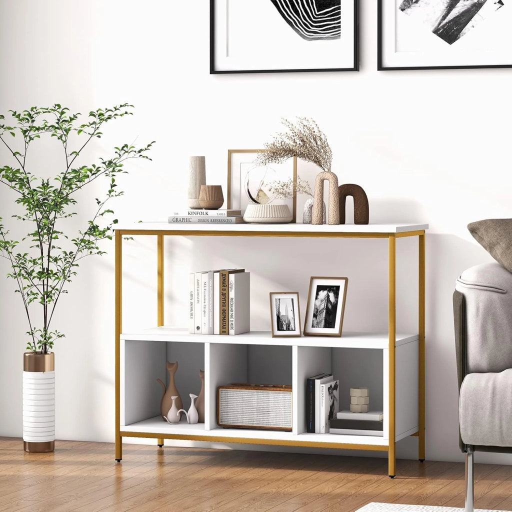 Credenza da cucina, armadio portaoggetti basso con ampio piano di lavoro, grande ripiano aperto, 3 scomparti, per cucina, sala da pranzo (bianco)