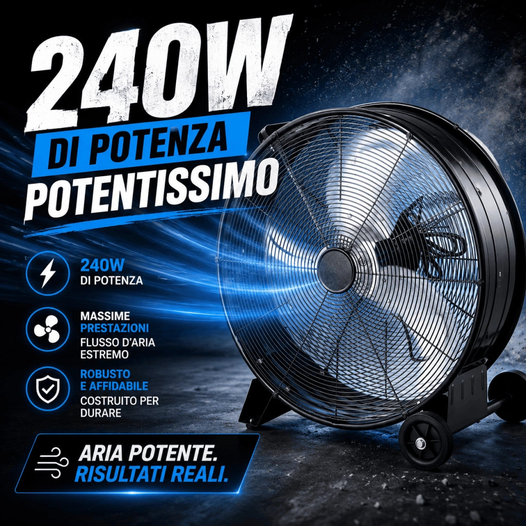 Ventilatore Industriale da Pavimento Terra Ø 66cm 240W con Ruote ad Alta Potenza e 3 velocità regolabili