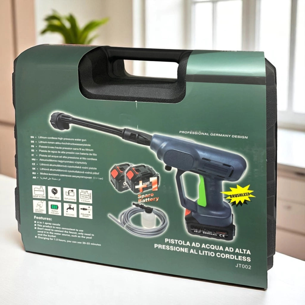 Idropulitrice Portatile a Batteria 48V 6000mAh Brushless Alta Pressione con Pistola, Lancia, Ugelli, Tubo e Accessori per Auto, Giardino, Terrazze, Piscine e Mobili Esterni
