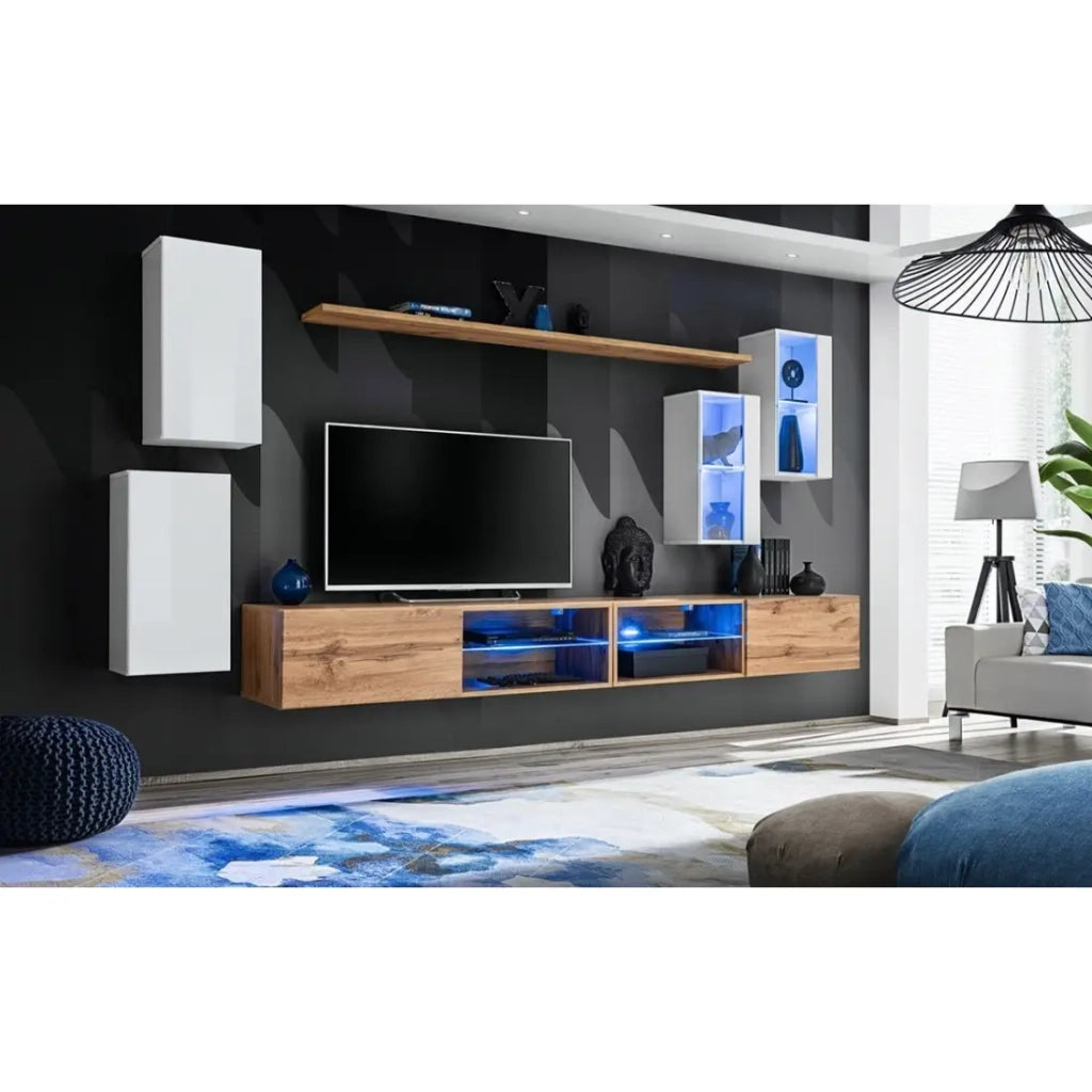 Set di mobili da salotto SWITCH XXV – LED – Bianco e Rovere – Composizione murale design