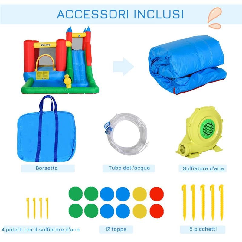 GIOCO GONFIABILE PER BAMBINI 3-8 ANNI CON SCIVOLO E PISCINA 330X245X215CM