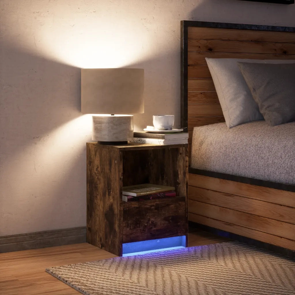 Comodino con Luci LED-Tavolino da notte Rovere Fumo in Legno Multistrato 255072