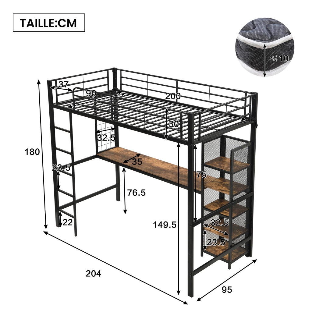 Letto a Soppalco Singolo con Scrivania; 5 Vani e Griglia in Metallo 90×200 cm; senza Materasso; Nero