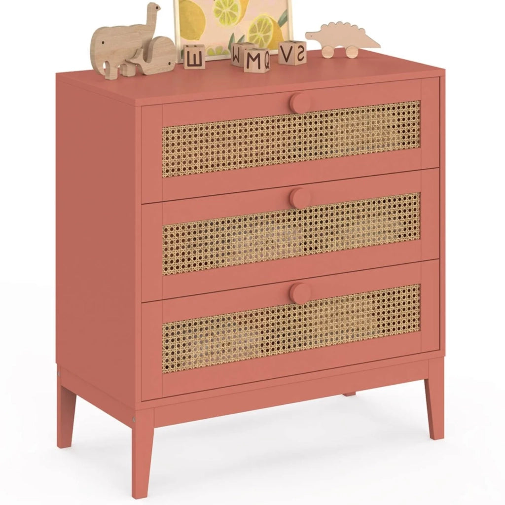 IDMarket - Cassettone a 3 cassetti per bambini ADELIE 80 cm in canna e rosa antico