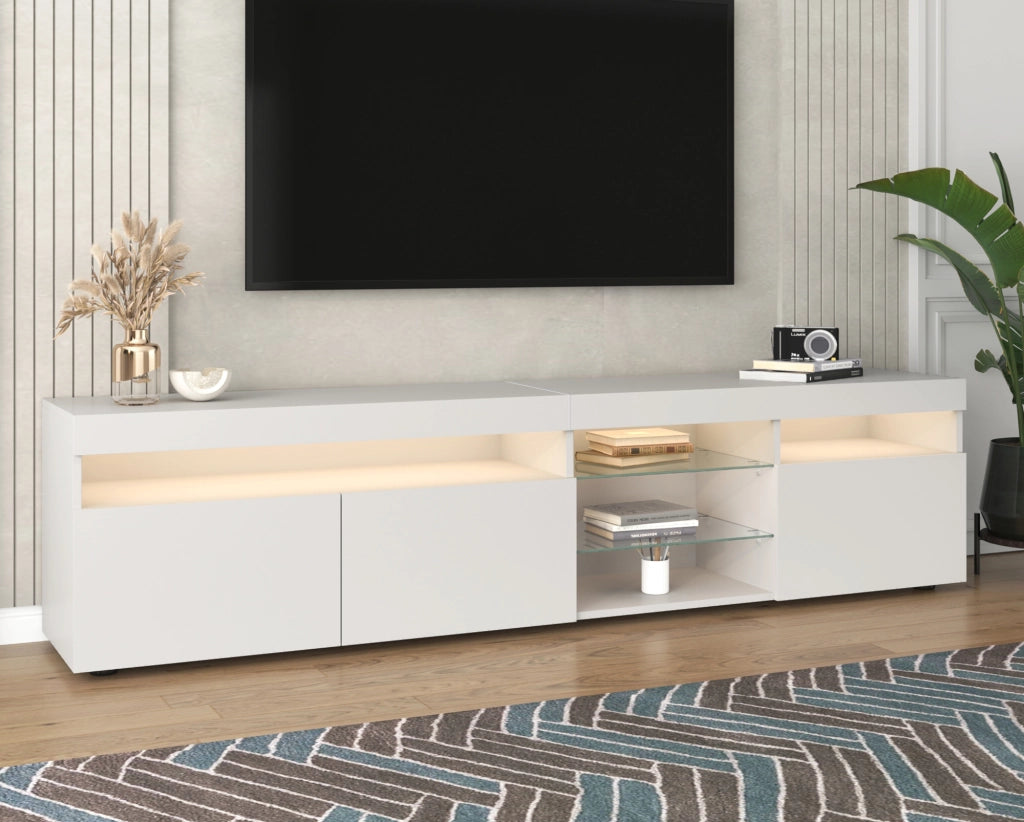 Mobile TV moderno bianco - Zephmum - 180cm, pannello chiaro, illuminazione LED variabile