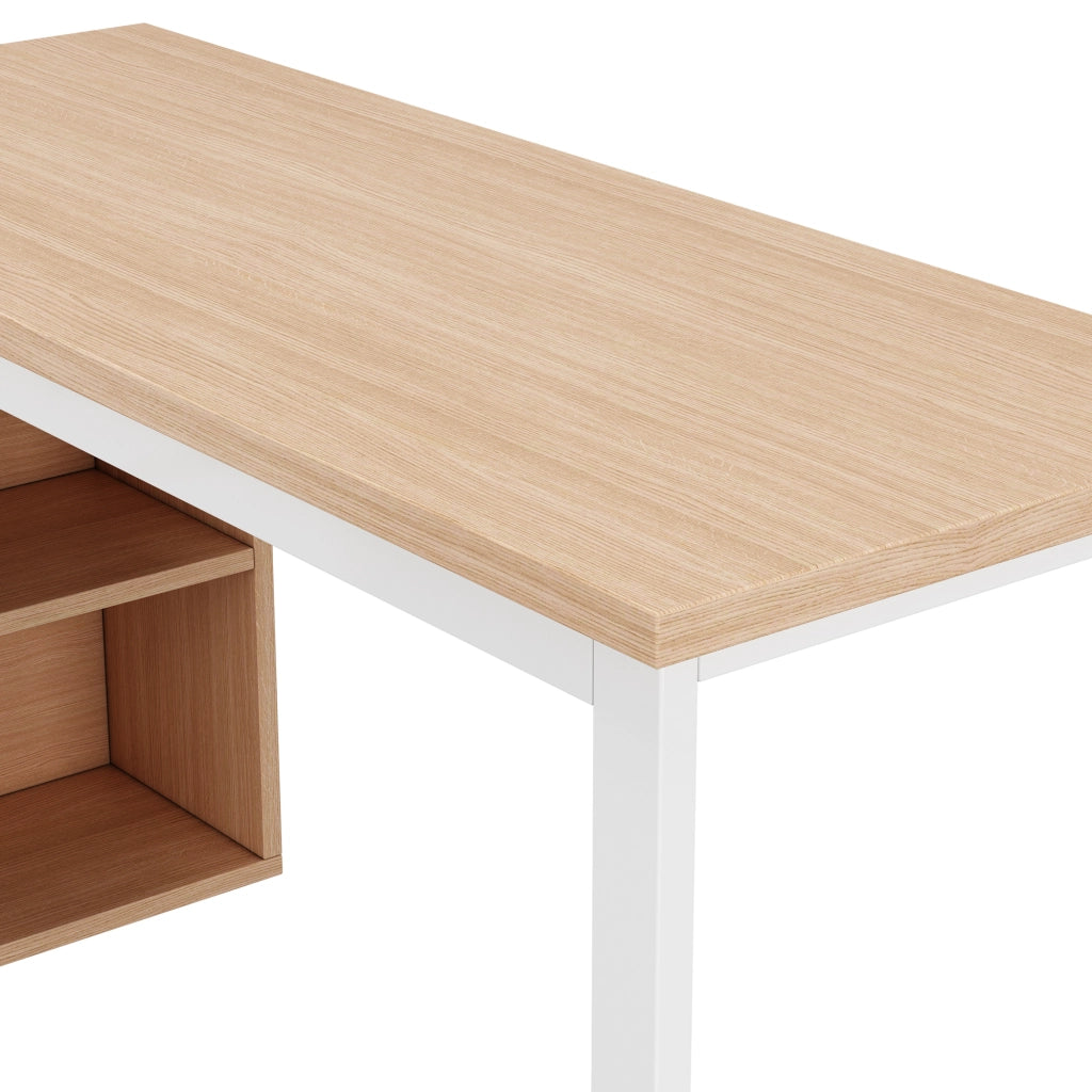 Scrivania moderna con 3 cassetti e 2 vani a giorno, piano in MDF da 18 mm, struttura in metallo, colore naturale e bianco