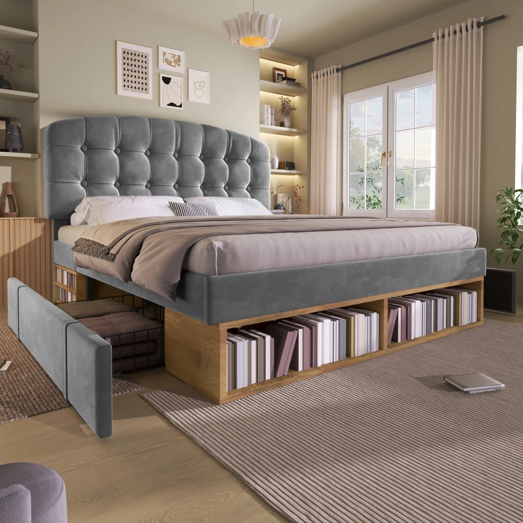 LETTO 140x190 cm Velluto Grigio con testiera regolabile e cassetti